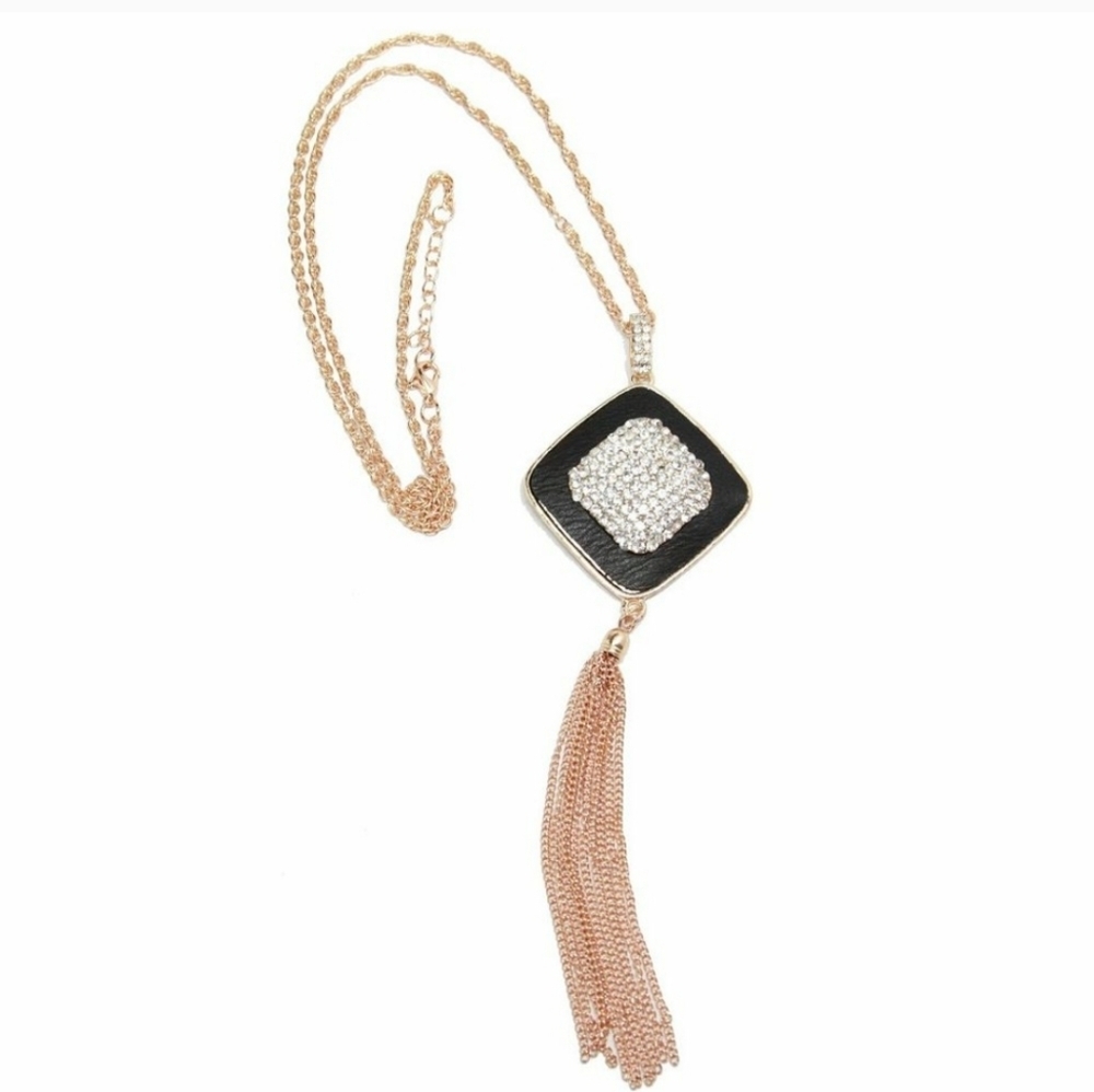 Leather & Pave Crystal  Necklace Tassel Statement Clear Glass 18K Gold - Picture 3 of 12